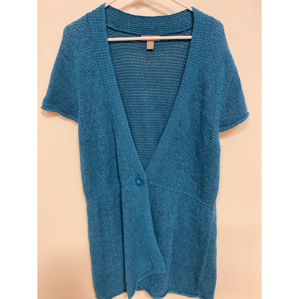 White Stag Womens XL Teal Blue Short Sleeve Open Knit Single Button Cardigan